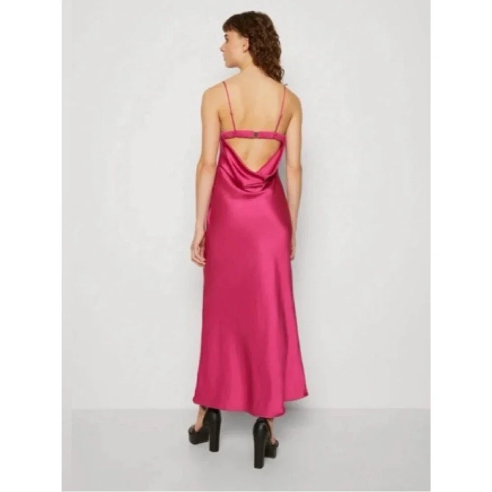Abercrombie & Fitch Satin Cowl Back Slip Midi Dress in Hot Pink NWT! Size XS